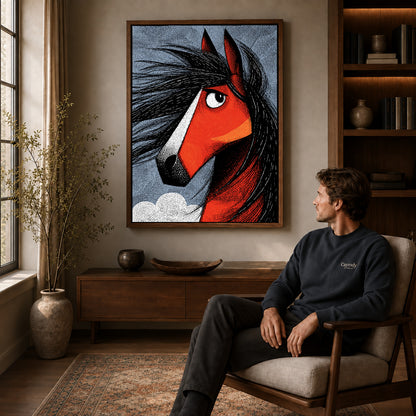 Red Horse Canvas Art displayed in a walnut frame above wooden furniture beside a seated man.