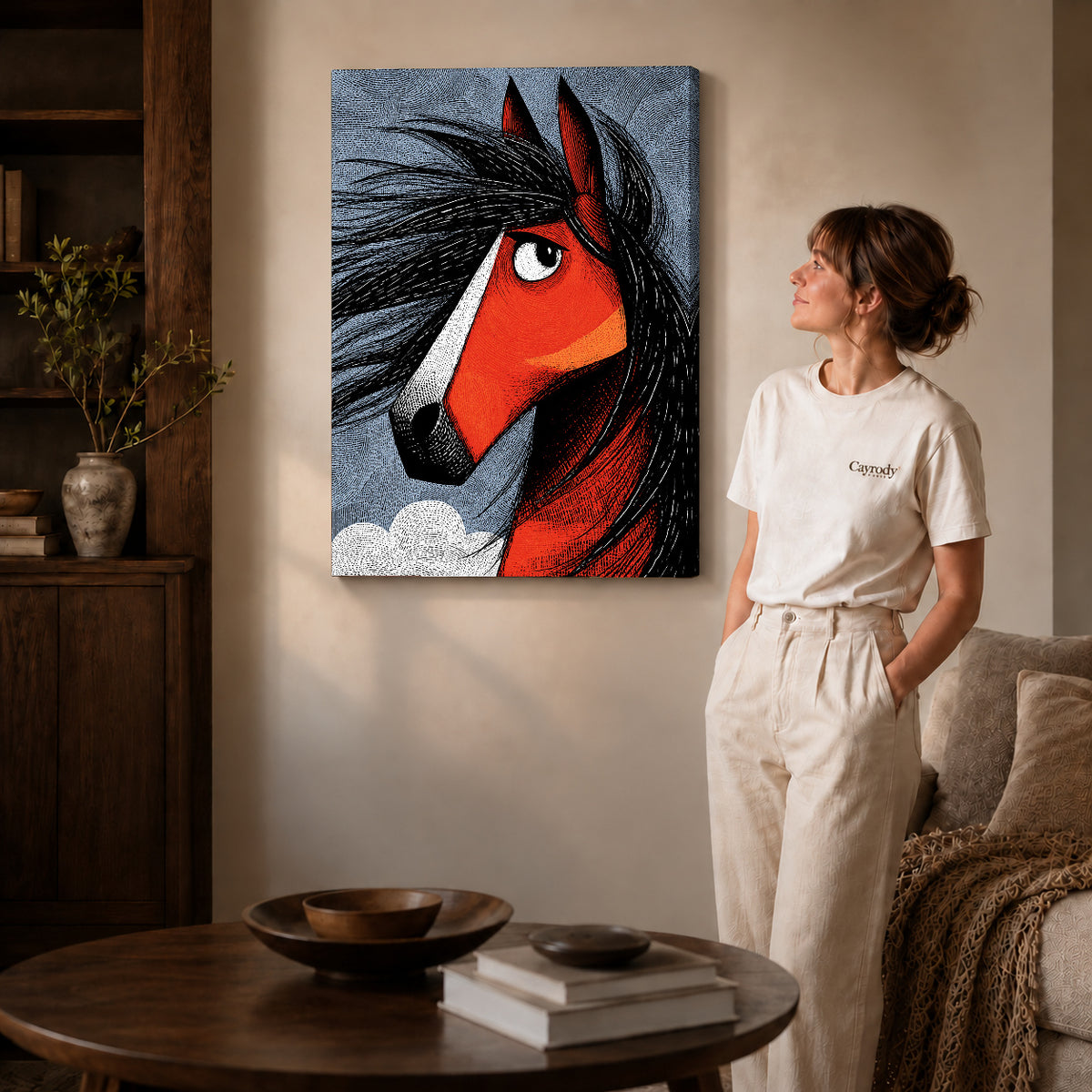 Red Horse Canvas Art on gallery wrapped canvas with visible depth beside a woman in white.