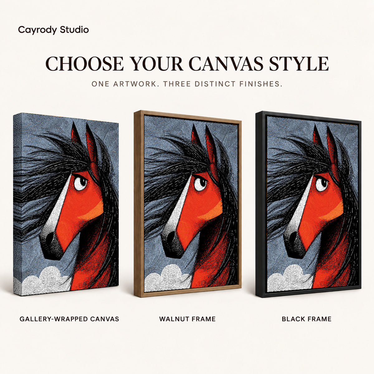 Red Horse Canvas Art shown in gallery wrapped canvas, walnut frame, and black frame finishes.