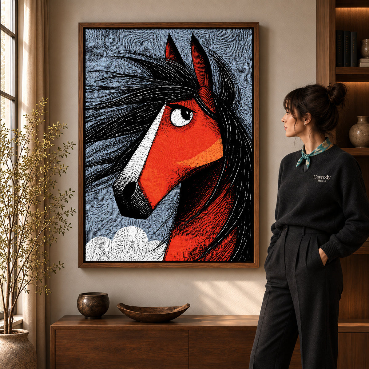 Walnut framed red horse canvas art with the complete artwork displayed in a warm living room.