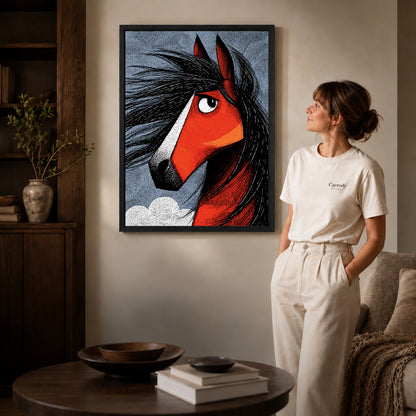 Black framed red horse canvas art displayed beside a woman with natural light across the wall.