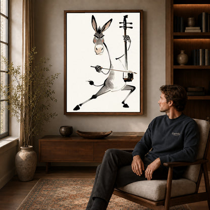 Musical Donkey Canvas Art displayed in a walnut frame above wooden furniture beside a seated man.