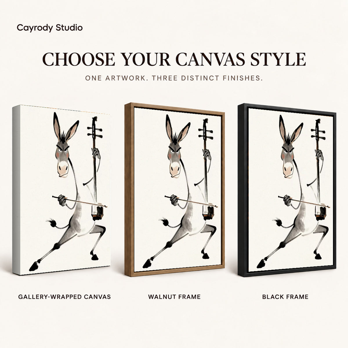 Musical Donkey Canvas Art shown in gallery wrapped canvas, walnut frame, and black frame finishes.