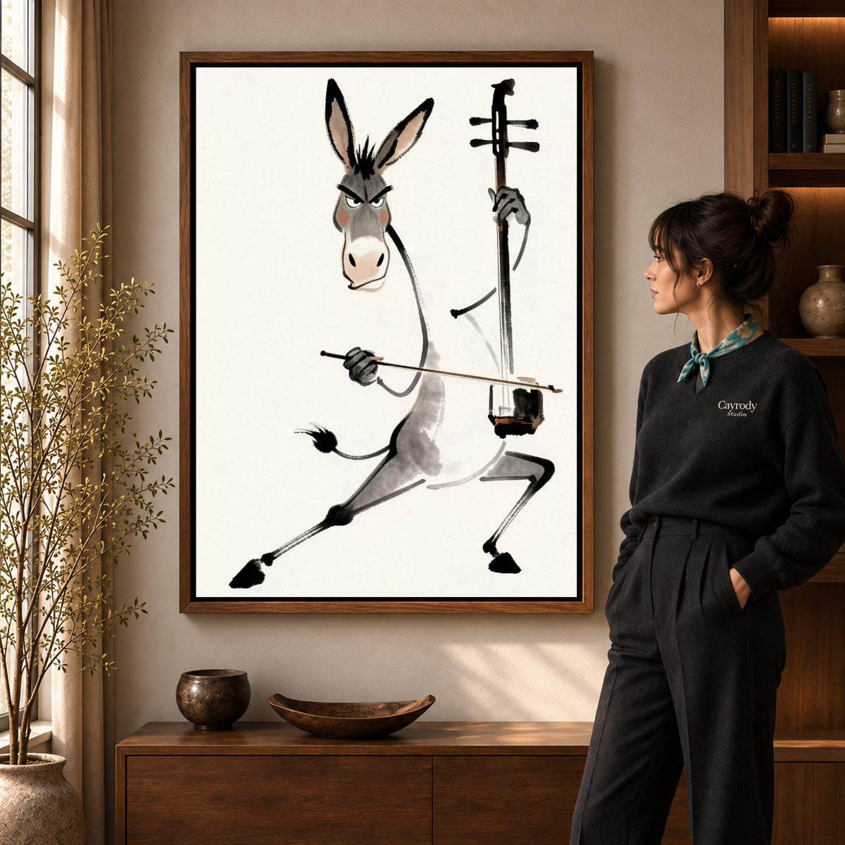 Walnut framed musical donkey canvas art with the complete artwork displayed in a warm living room.
