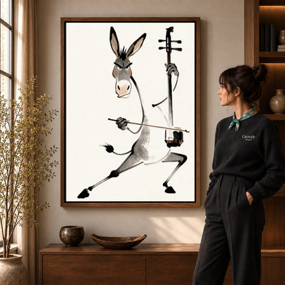 Walnut framed musical donkey canvas art with the complete artwork displayed in a warm living room.