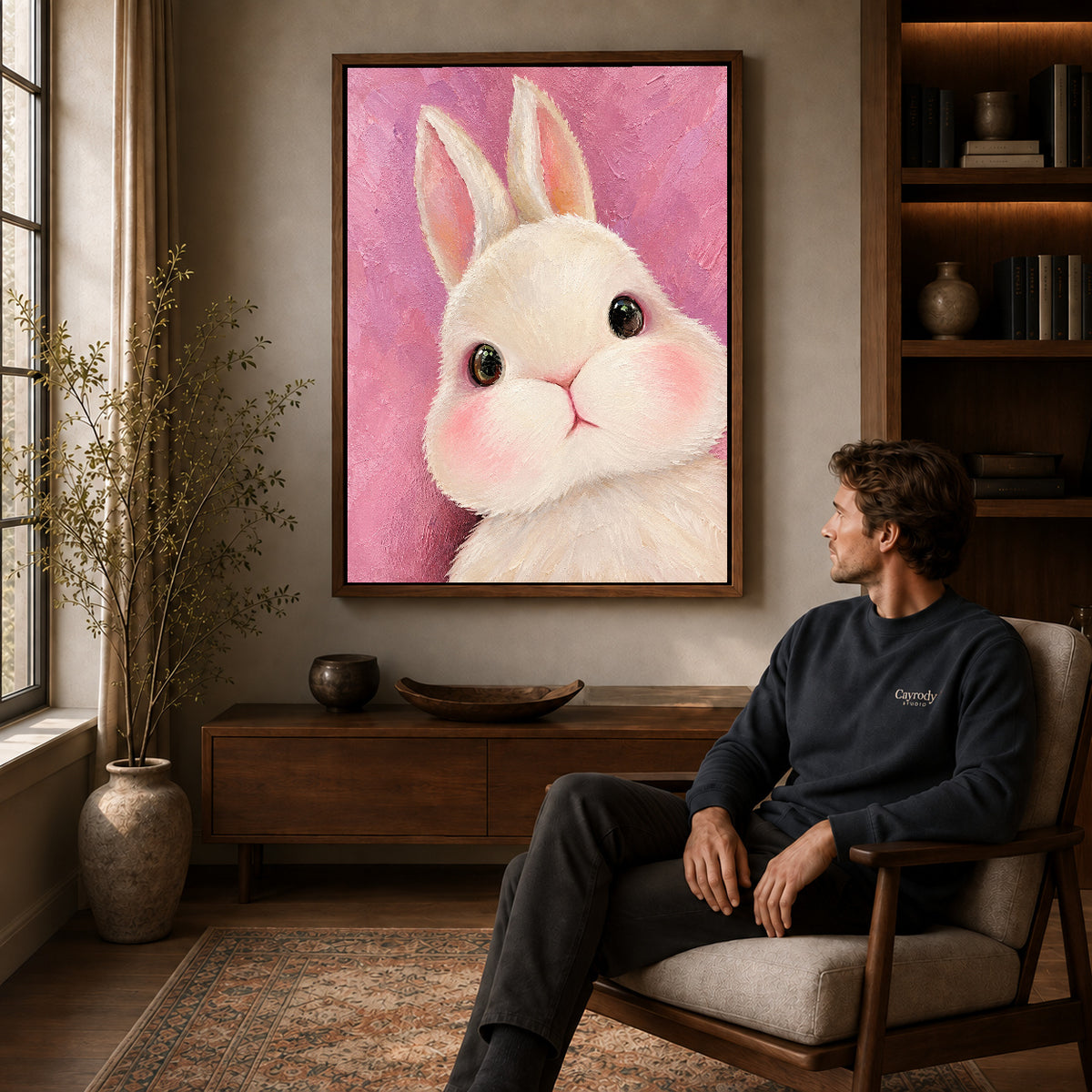 Bunny Canvas Art displayed in a walnut frame above wooden furniture beside a seated man.