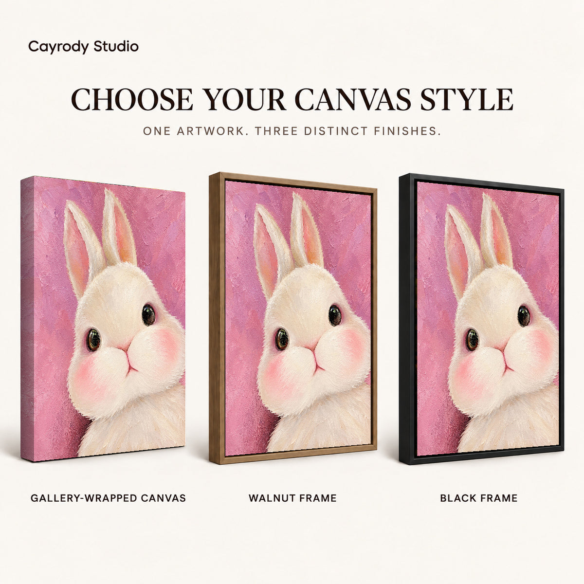 Bunny Canvas Art shown in gallery wrapped canvas, walnut frame, and black frame finishes.