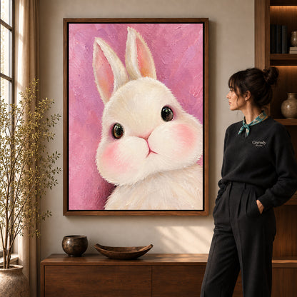 Walnut framed bunny canvas art with the complete artwork displayed in a warm living room.