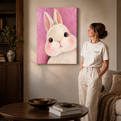 Gallery wrapped bunny canvas art showing dimensional edges and soft shadows in a living room.