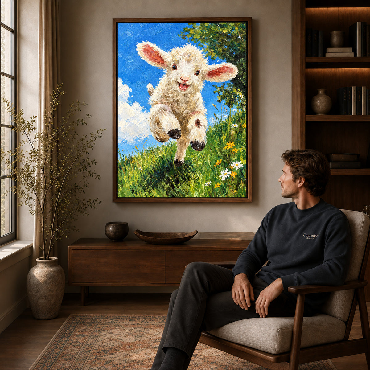 Lamb Canvas Art displayed in a walnut frame above wooden furniture beside a seated man.