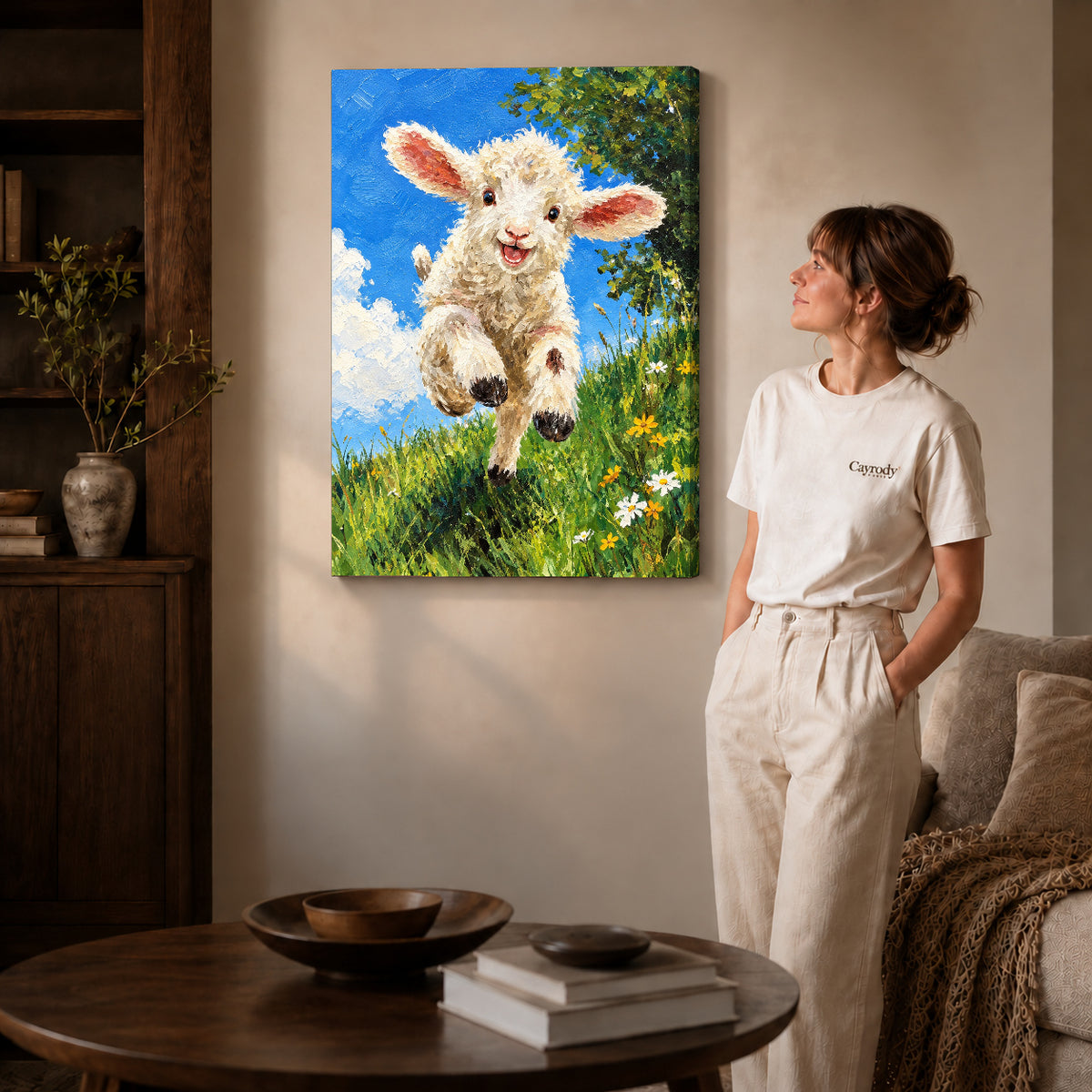 Lamb Canvas Art on gallery wrapped canvas with visible depth beside a woman in white.