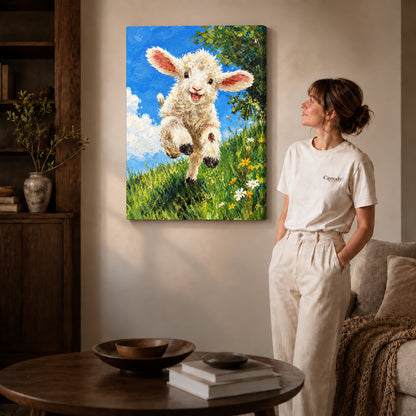 Lamb Canvas Art on gallery wrapped canvas with visible depth beside a woman in white.