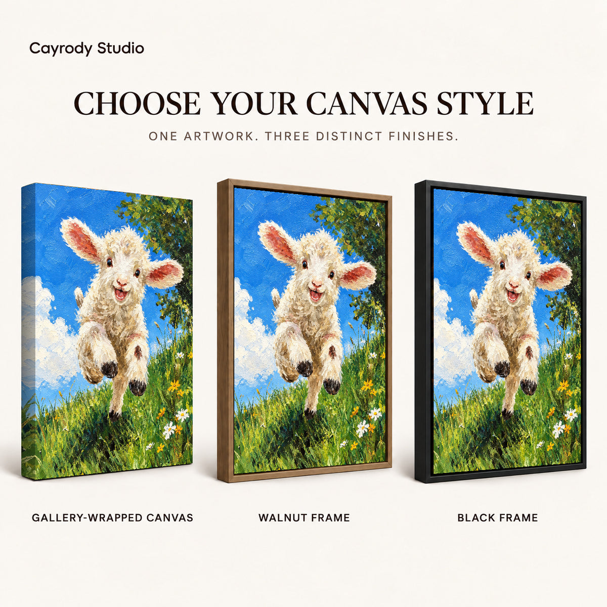 Lamb Canvas Art shown in gallery wrapped canvas, walnut frame, and black frame finishes.