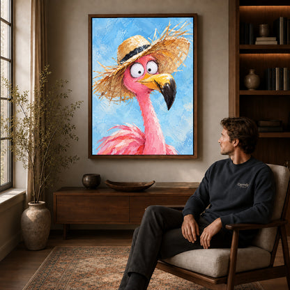 Flamingo Canvas Art displayed in a walnut frame above wooden furniture beside a seated man.