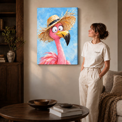 Flamingo Canvas Art on gallery wrapped canvas with visible depth beside a woman in white.