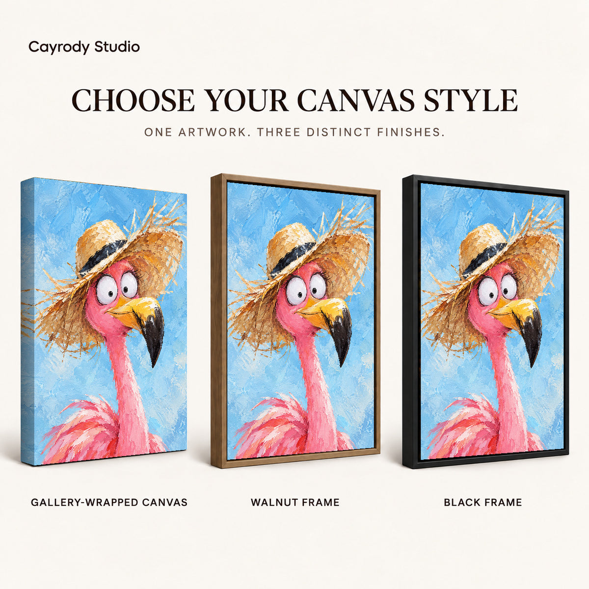 Flamingo Canvas Art shown in gallery wrapped canvas, walnut frame, and black frame finishes.