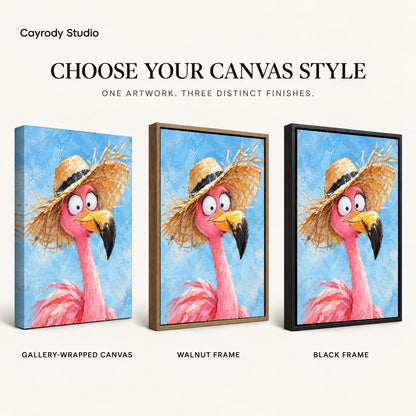 Flamingo Canvas Art shown in gallery wrapped canvas, walnut frame, and black frame finishes.