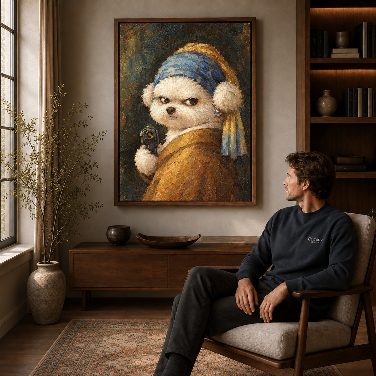 Funny Dog Canvas Art displayed in a walnut frame above wooden furniture beside a seated man.