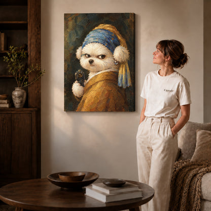 Funny Dog Canvas Art on gallery wrapped canvas with visible depth beside a woman in white.