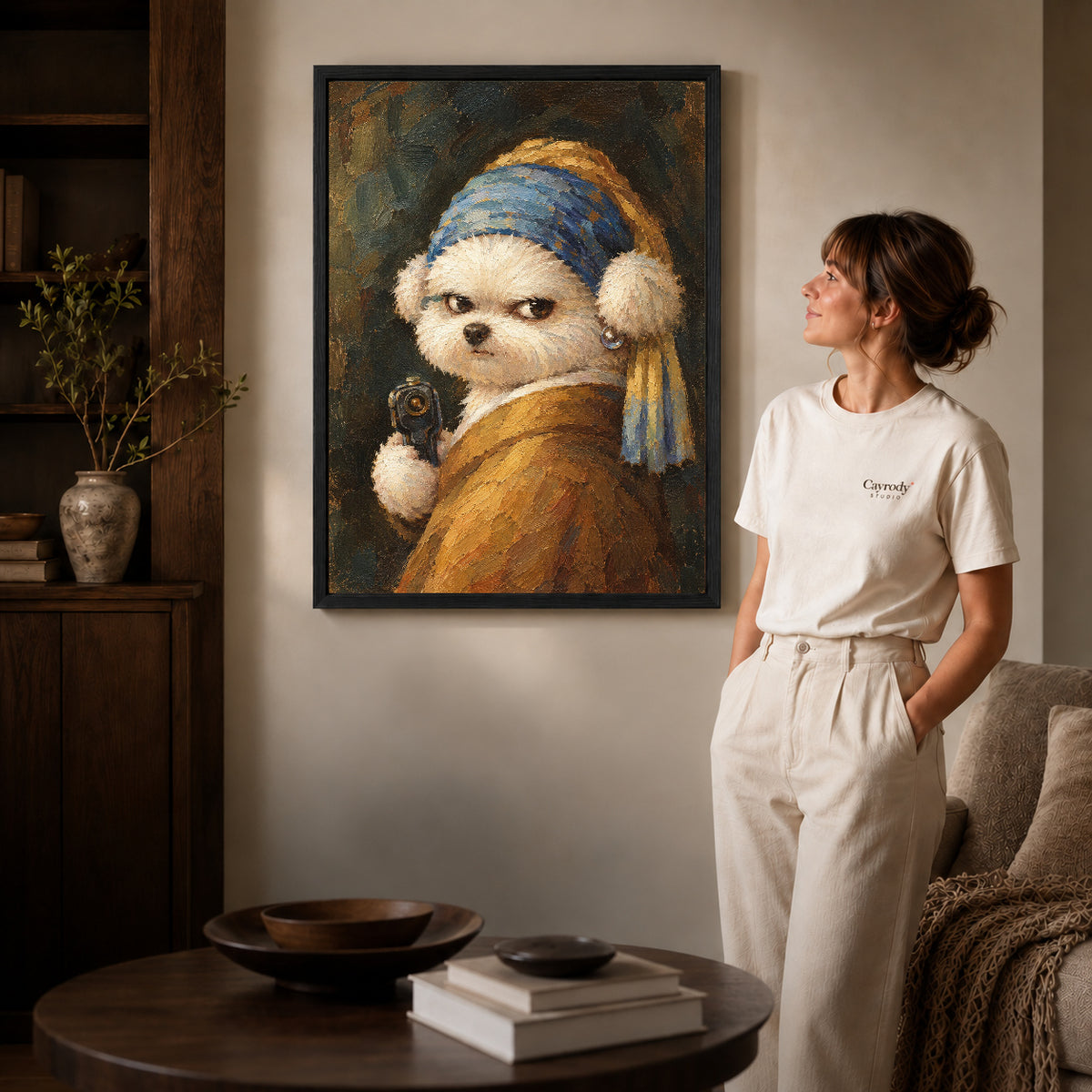 Funny Dog Canvas Art inside a black frame in a softly lit living room with books.