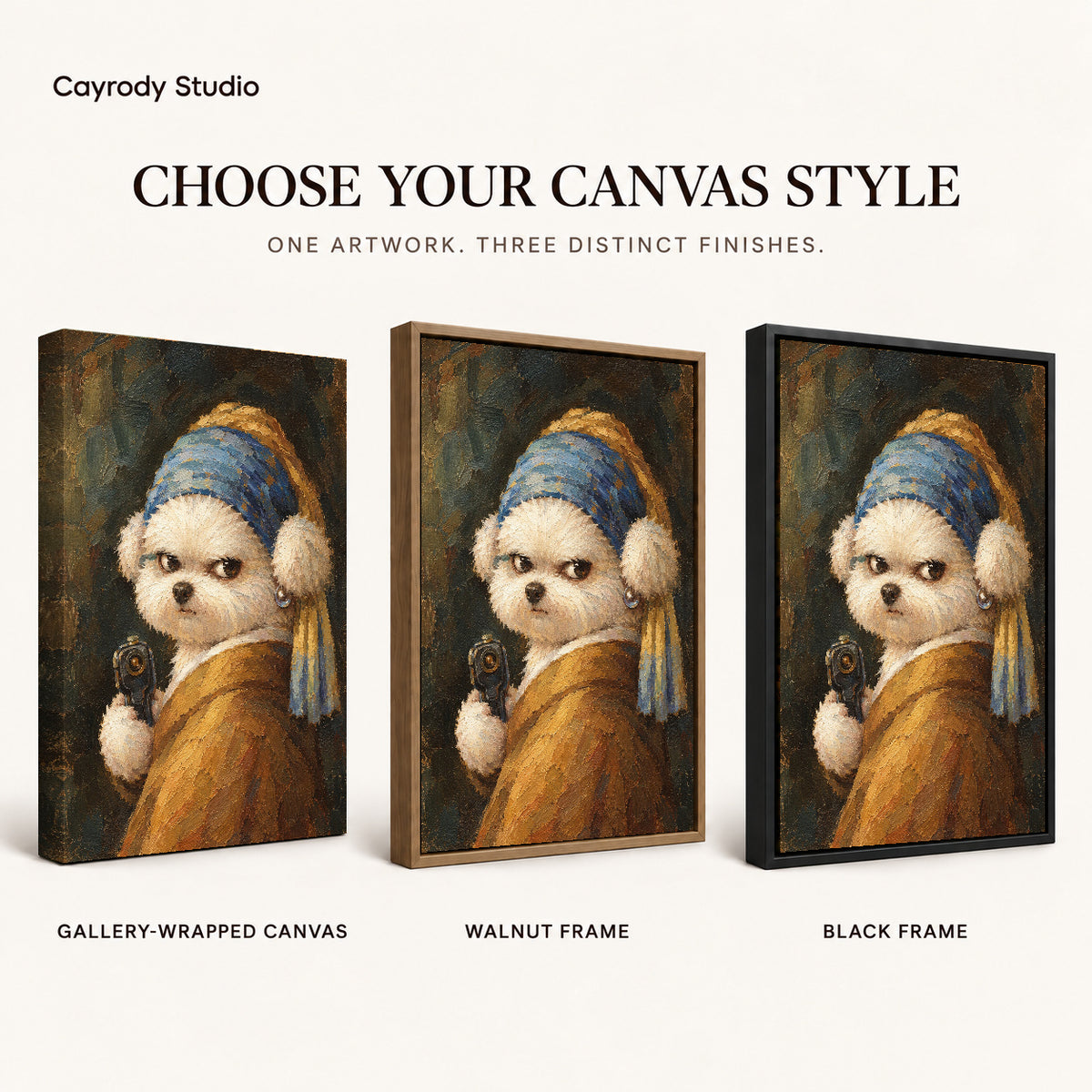 Funny Dog Canvas Art shown in gallery wrapped canvas, walnut frame, and black frame finishes.