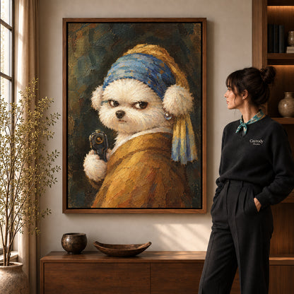 Walnut framed funny dog canvas art with the complete artwork displayed in a warm living room.