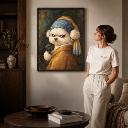 Black framed funny dog canvas art displayed beside a woman with natural light across the wall.