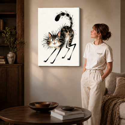 Tabby Cat Canvas Art on gallery wrapped canvas with visible depth beside a woman in white.