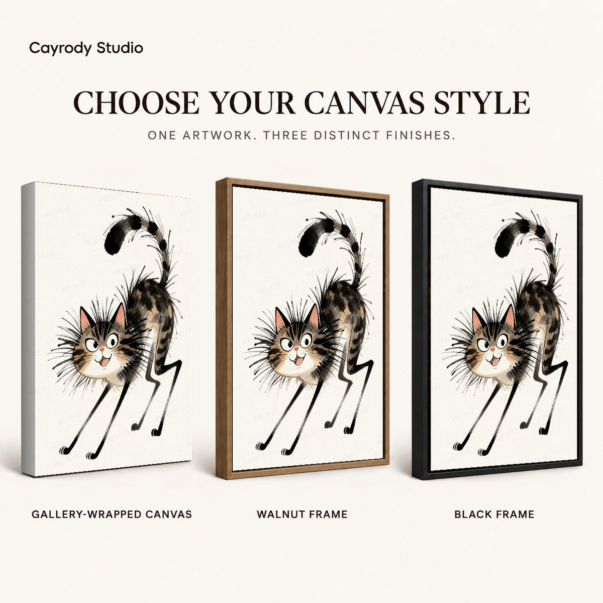 Tabby Cat Canvas Art shown in gallery wrapped canvas, walnut frame, and black frame finishes.