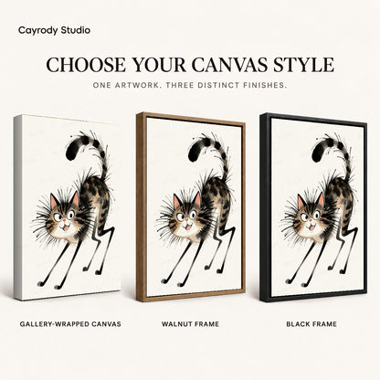 Tabby Cat Canvas Art shown in gallery wrapped canvas, walnut frame, and black frame finishes.