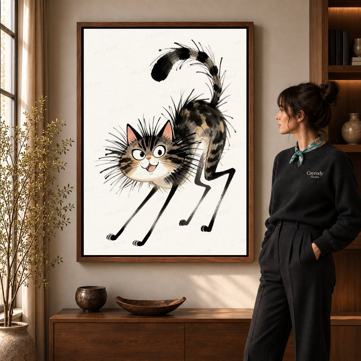 Walnut framed tabby cat canvas art with the complete artwork displayed in a warm living room.
