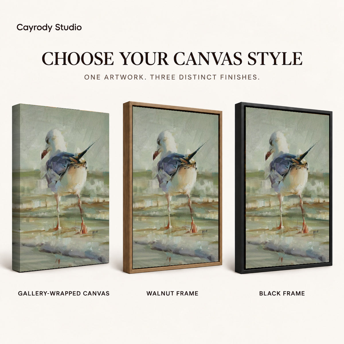 Seagull Canvas Art shown in gallery wrapped canvas, walnut frame, and black frame finishes.