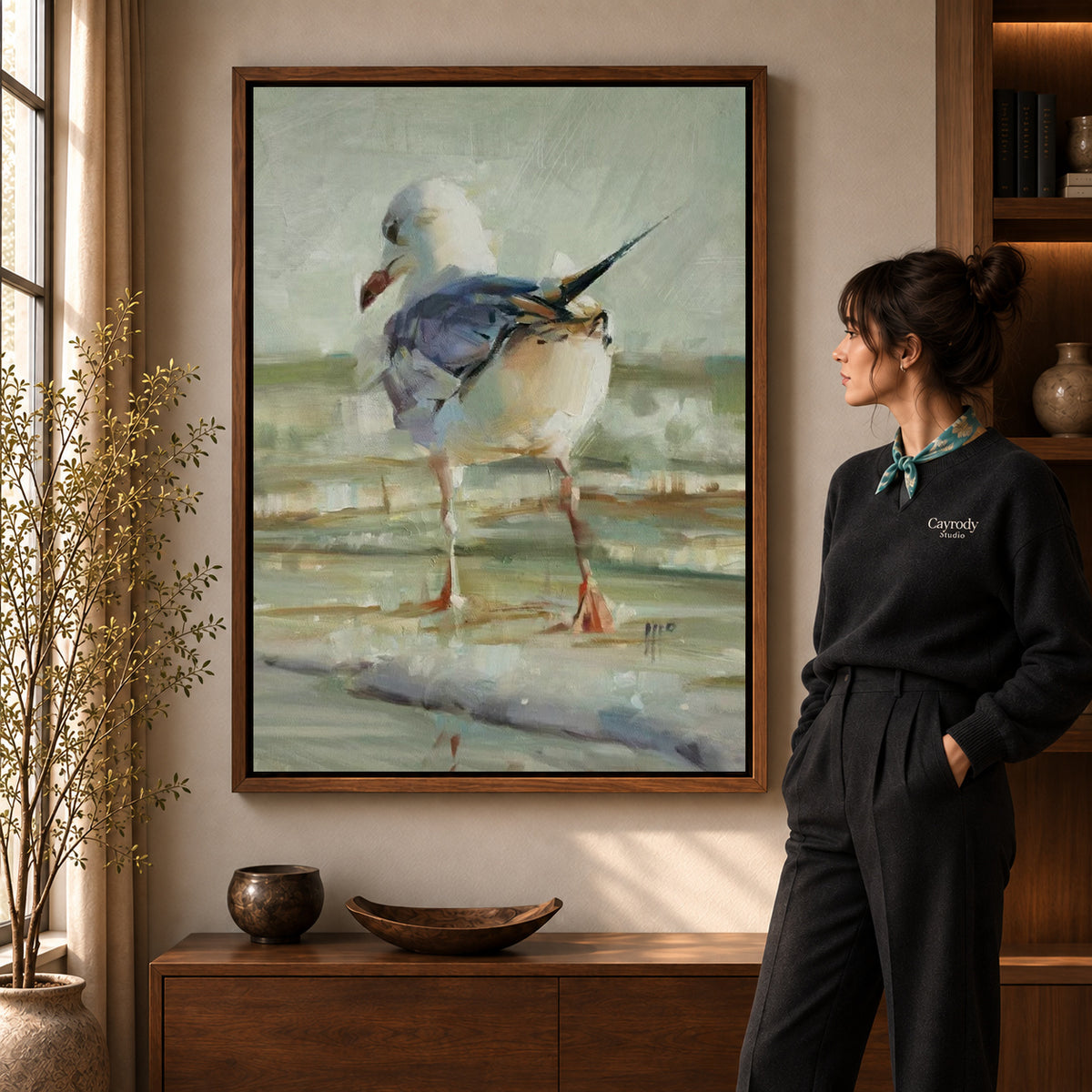 Walnut framed seagull canvas art with the complete artwork displayed in a warm living room.