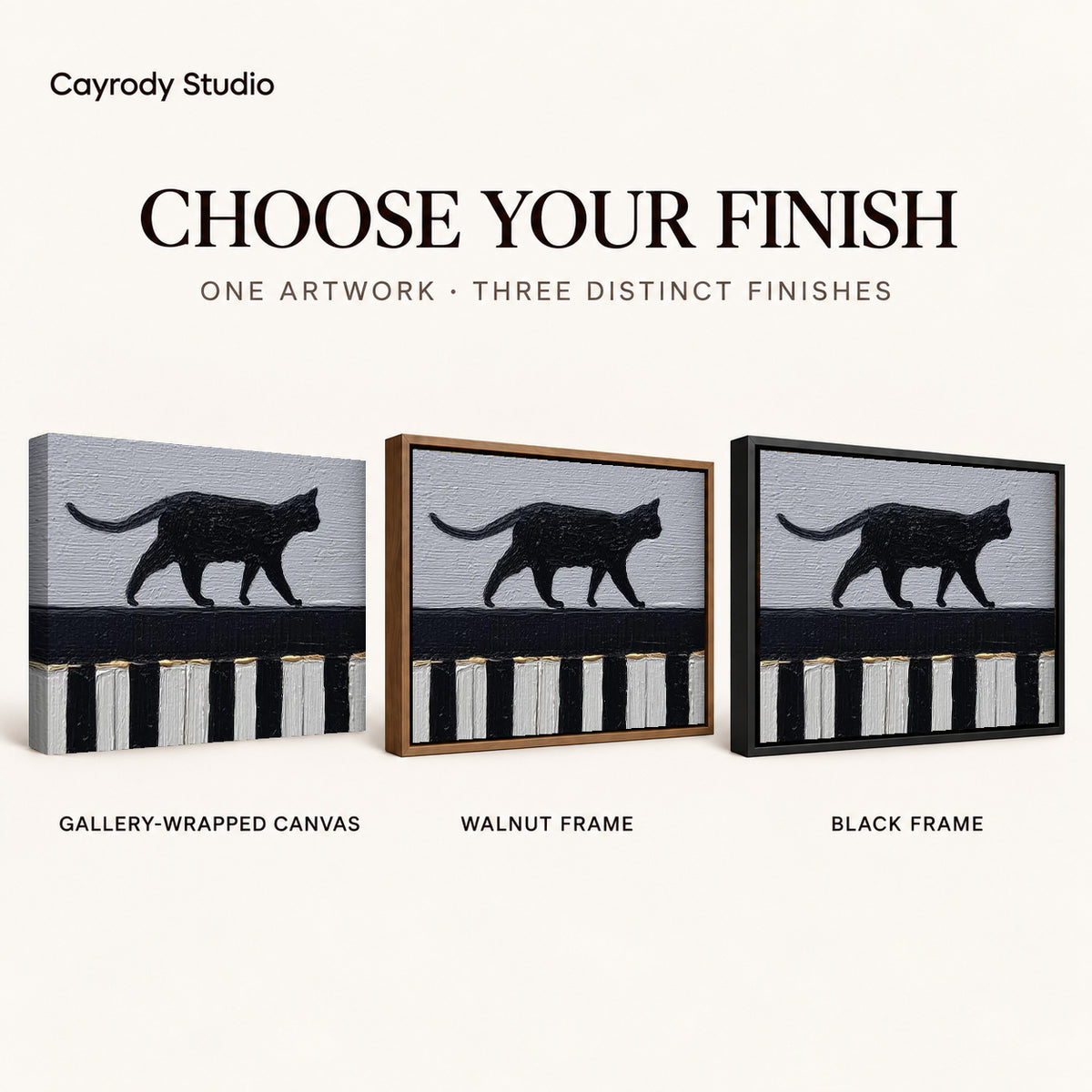Piano Cat Canvas Art shown in gallery wrapped canvas, walnut frame, and black frame finishes.