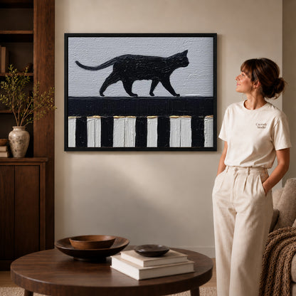 Black framed piano cat canvas art displayed beside a woman with natural light across the wall.
