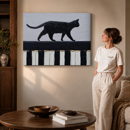 Gallery wrapped piano cat canvas art showing dimensional edges and soft shadows in a living room.