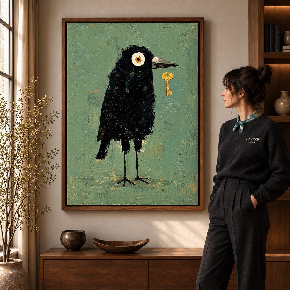 Crow Canvas Wall Art in a walnut frame beside a standing woman and warm wooden furniture.