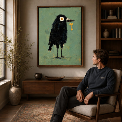 Crow Canvas Wall Art displayed in a walnut frame above wooden furniture beside a seated man.