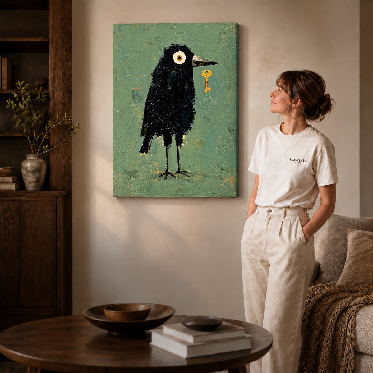 Crow Canvas Wall Art on gallery wrapped canvas with visible depth beside a woman in white.