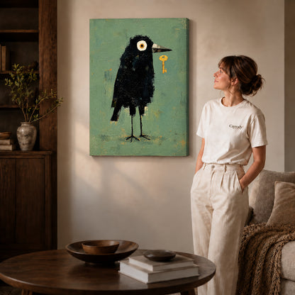 Crow Canvas Wall Art on gallery wrapped canvas with visible depth beside a woman in white.