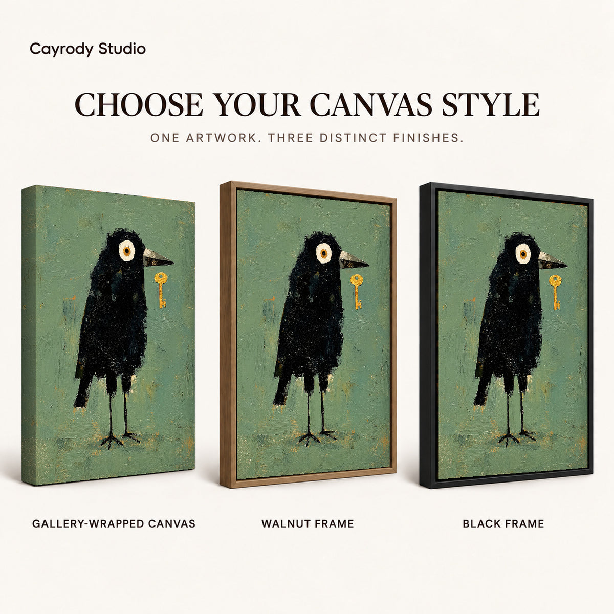 Crow Canvas Wall Art shown in gallery wrapped canvas, walnut frame, and black frame finishes.