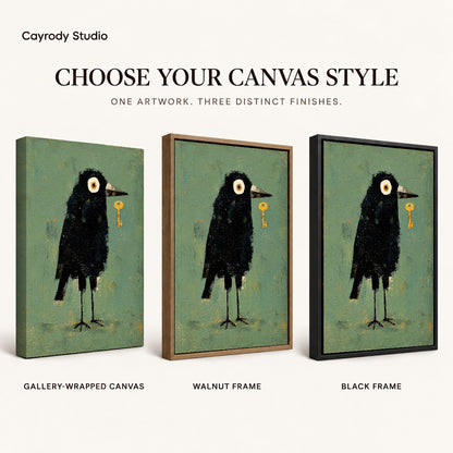 Crow Canvas Wall Art shown in gallery wrapped canvas, walnut frame, and black frame finishes.