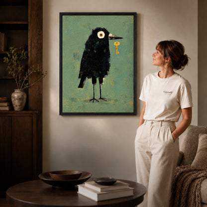Black framed crow canvas wall art displayed beside a woman with natural light across the wall.