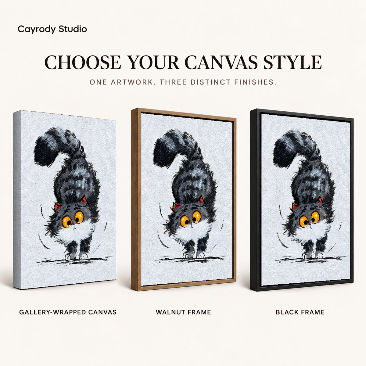 Kitten Canvas Wall Art shown in gallery wrapped canvas, walnut frame, and black frame finishes.