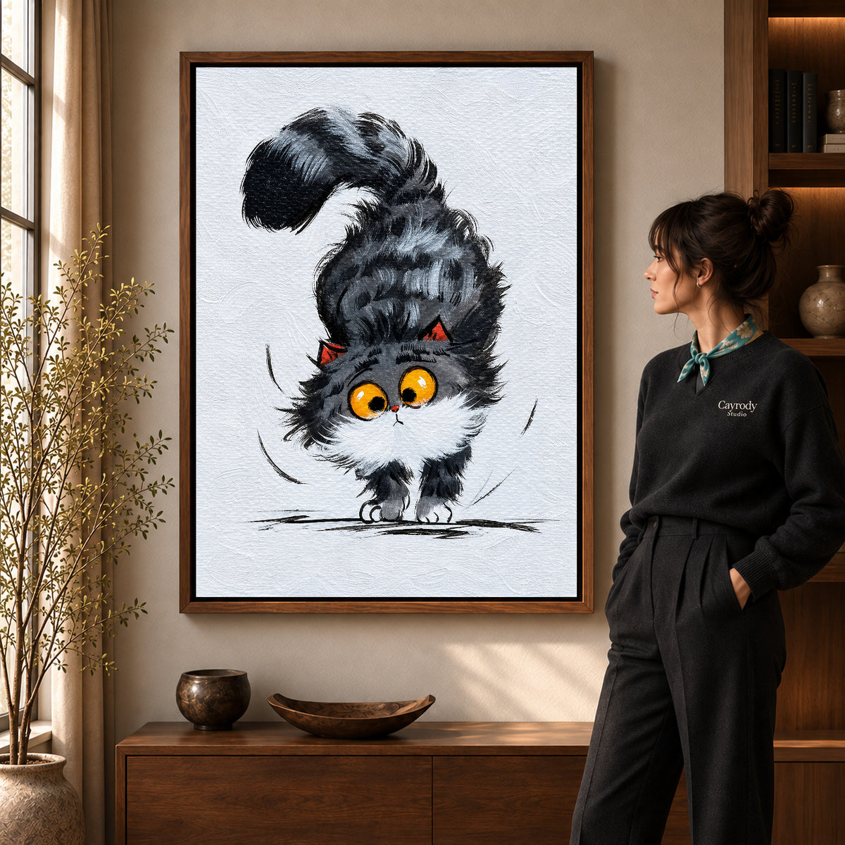 Walnut framed kitten canvas wall art with the complete artwork displayed in a warm living room.