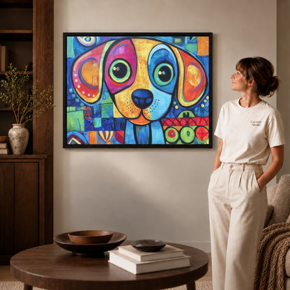 Colorful Dog Canvas Art inside a black frame in a softly lit living room with books.