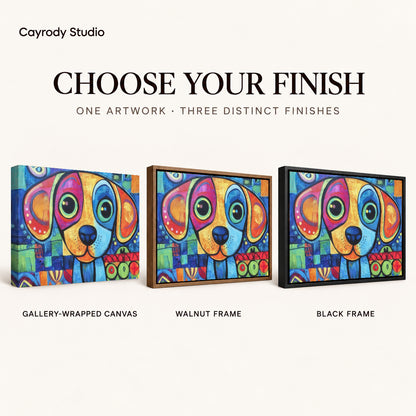 Colorful Dog Canvas Art shown in gallery wrapped canvas, walnut frame, and black frame finishes.