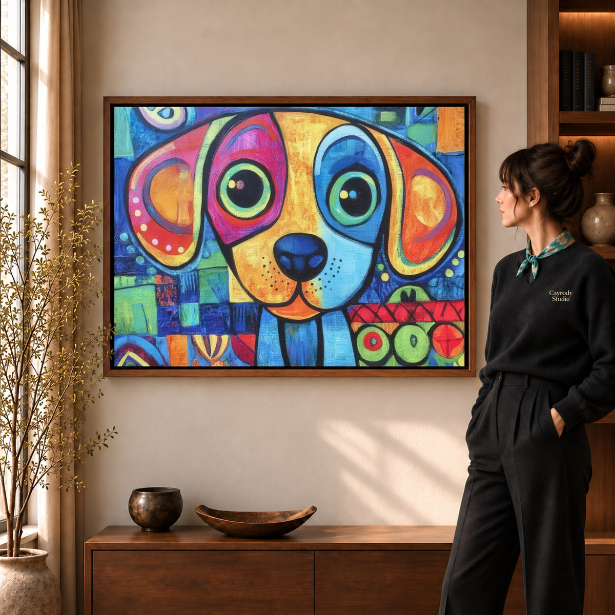 Walnut framed colorful dog canvas art with the complete artwork displayed in a warm living room.