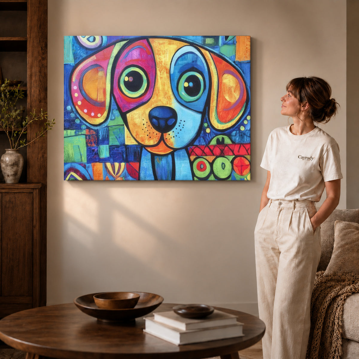 Gallery wrapped colorful dog canvas art showing dimensional edges and soft shadows in a living room.