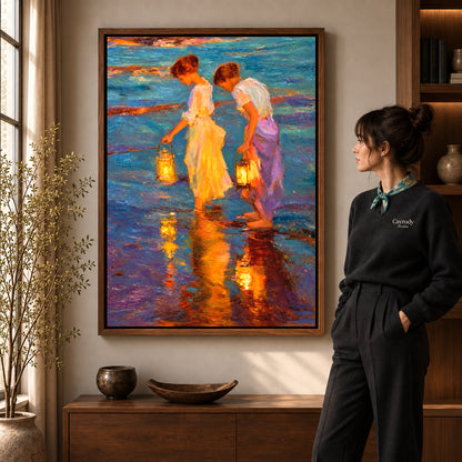 Lantern Canvas Wall Art in a walnut frame beside a standing woman and warm wooden furniture.
